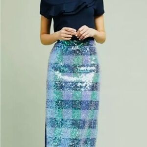 Anthropologie Shimmering Checkered Midi Skirt - Blue and Green